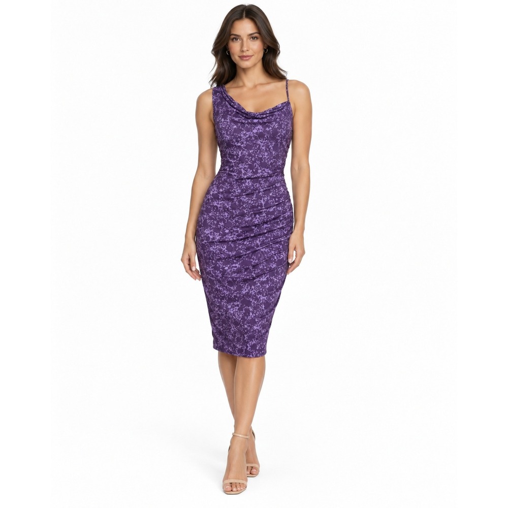 Y2K Laundry Shelli Segal Purple Cowl Neck Ruched Midi Dress Whimsigoth 12